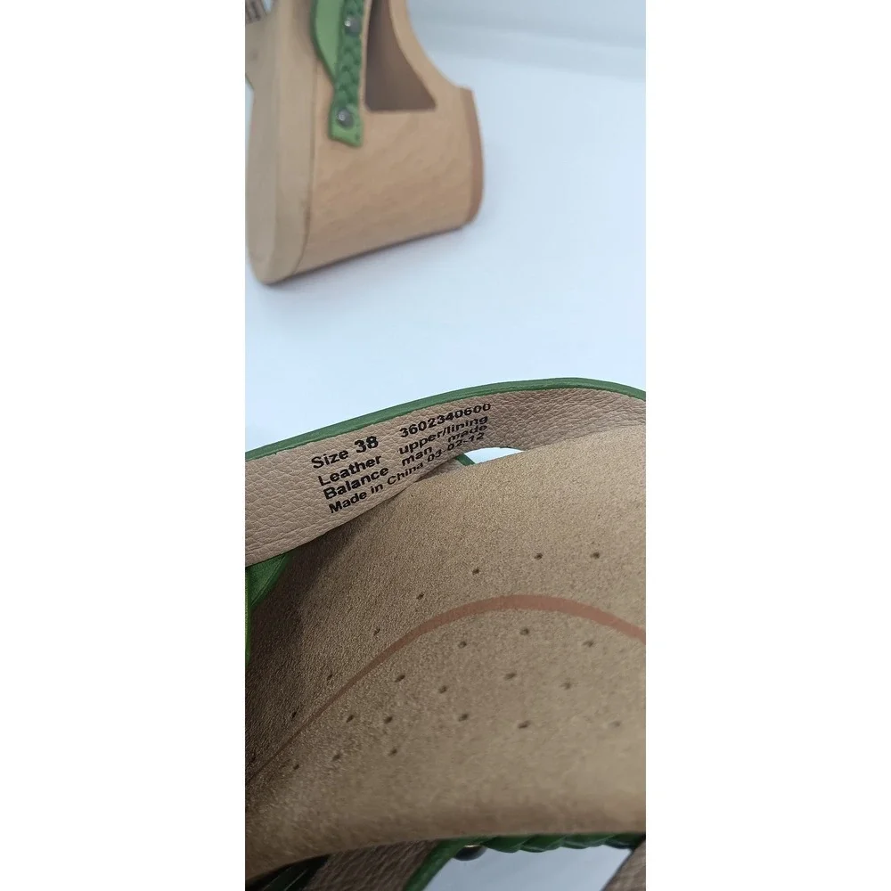 Dansko Women Green Leather Woven Slip On Wooden Wedge Sandals Clogs Size 38